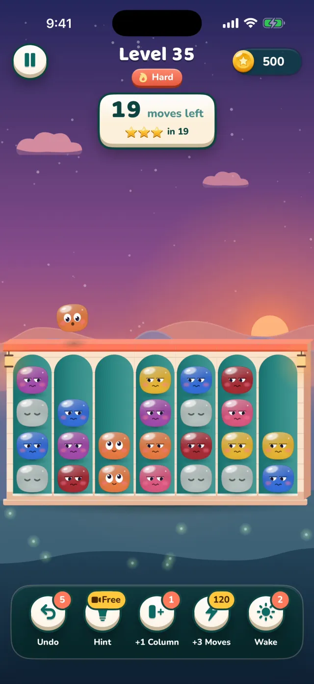 A Hard level at dusk with pale, sleeping jellies among the families